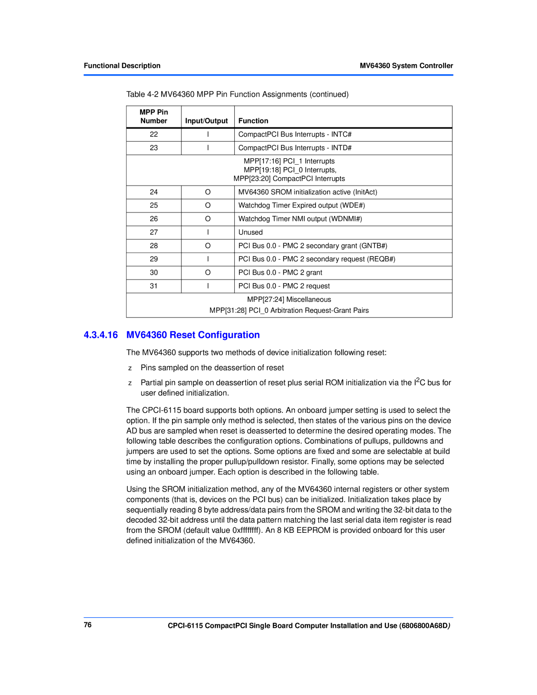 Motorola CPCI-6115 manual 4.16 MV64360 Reset Configuration, Functional DescriptionMV64360 System Controller, MPP Pin 