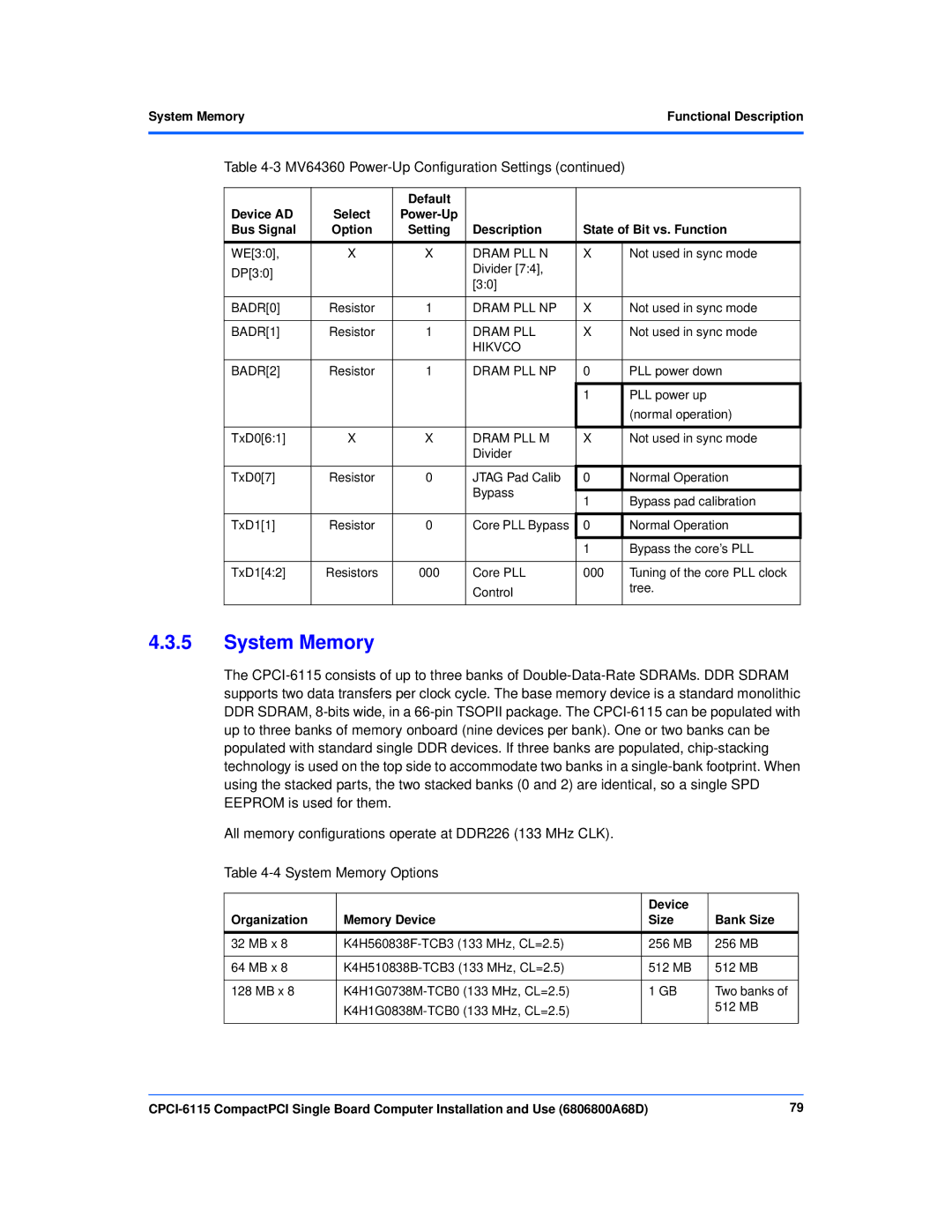 Motorola CPCI-6115 manual System Memory Options, System MemoryFunctional Description 