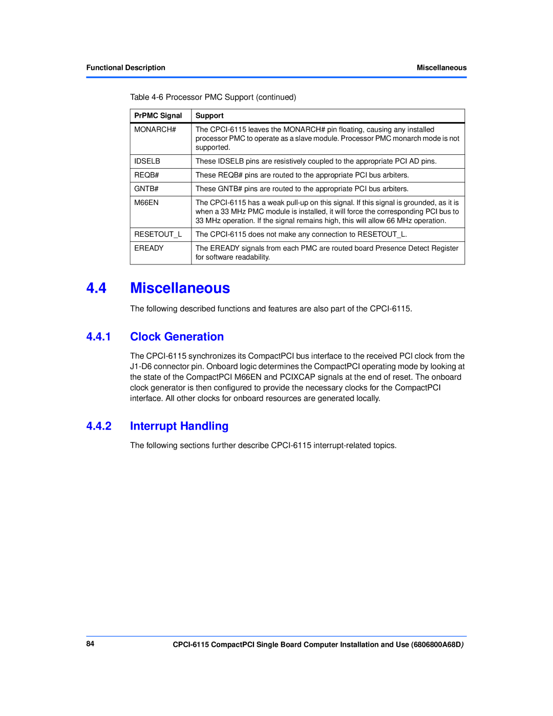 Motorola CPCI-6115 manual Clock Generation, Interrupt Handling, Functional DescriptionMiscellaneous 