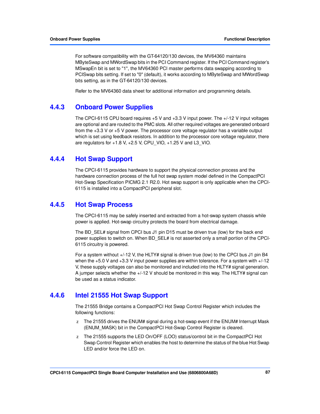 Motorola CPCI-6115 manual Onboard Power Supplies, Hot Swap Process, Intel 21555 Hot Swap Support 