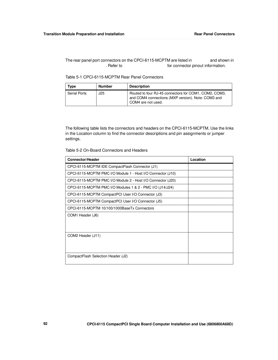 Motorola manual CPCI-6115-MCPTM Rear Panel Connectors, On-Board Connectors and Headers, Type Number Description 