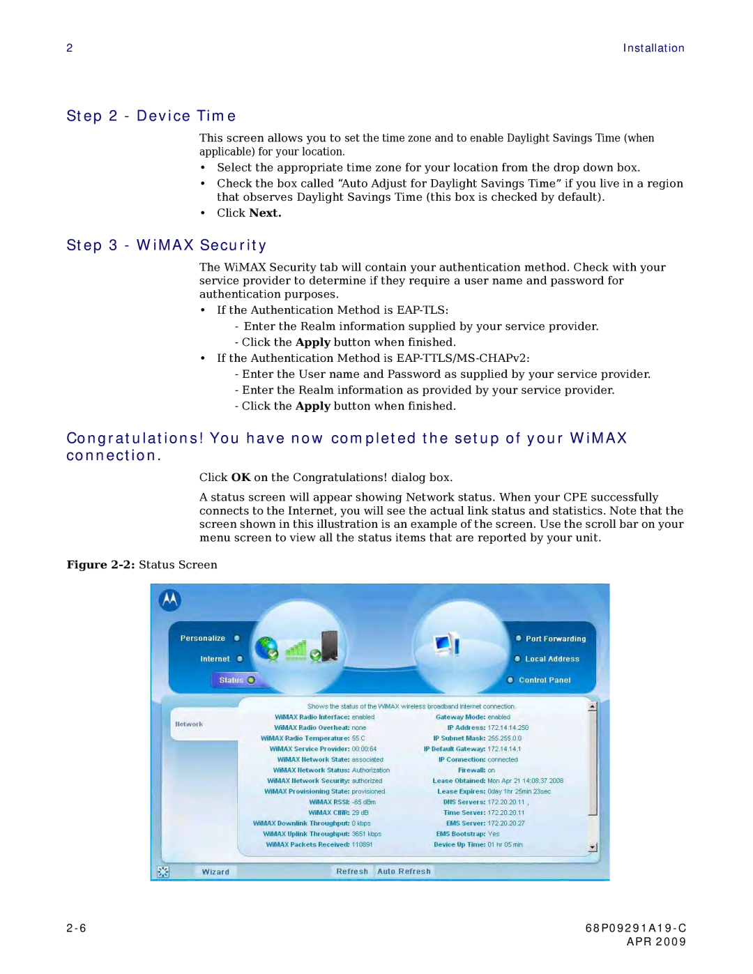 Motorola CPEI 150 user manual Device Time, WiMAX Security 