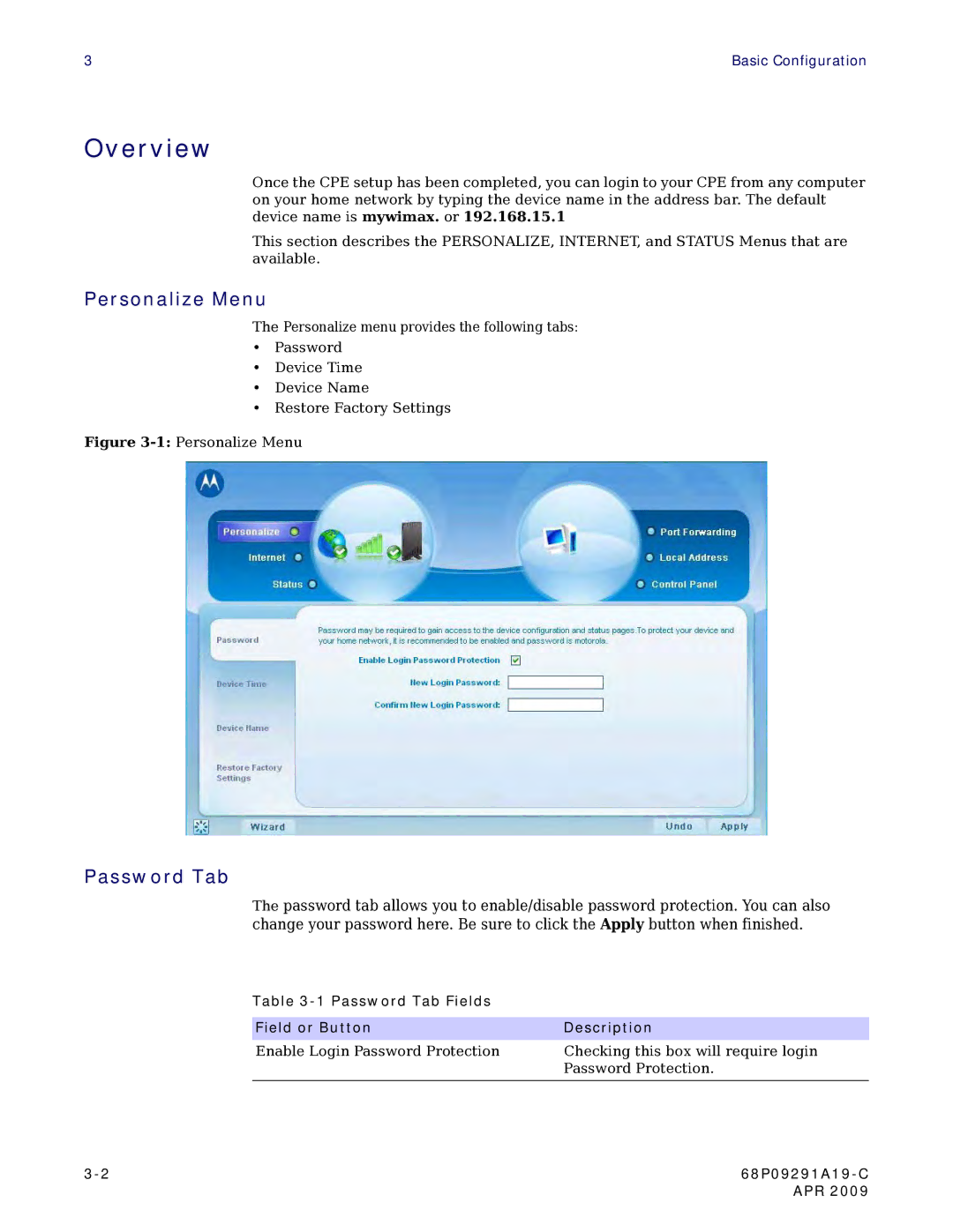 Motorola CPEI 150 user manual Personalize Menu, Password Tab 