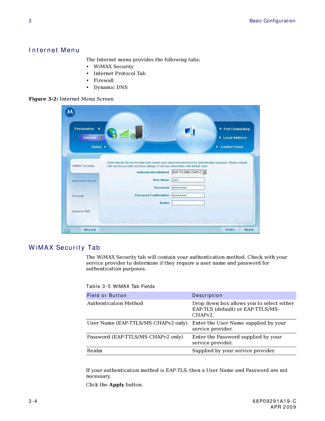 Motorola CPEI 150 user manual Internet Menu, WiMAX Security Tab 