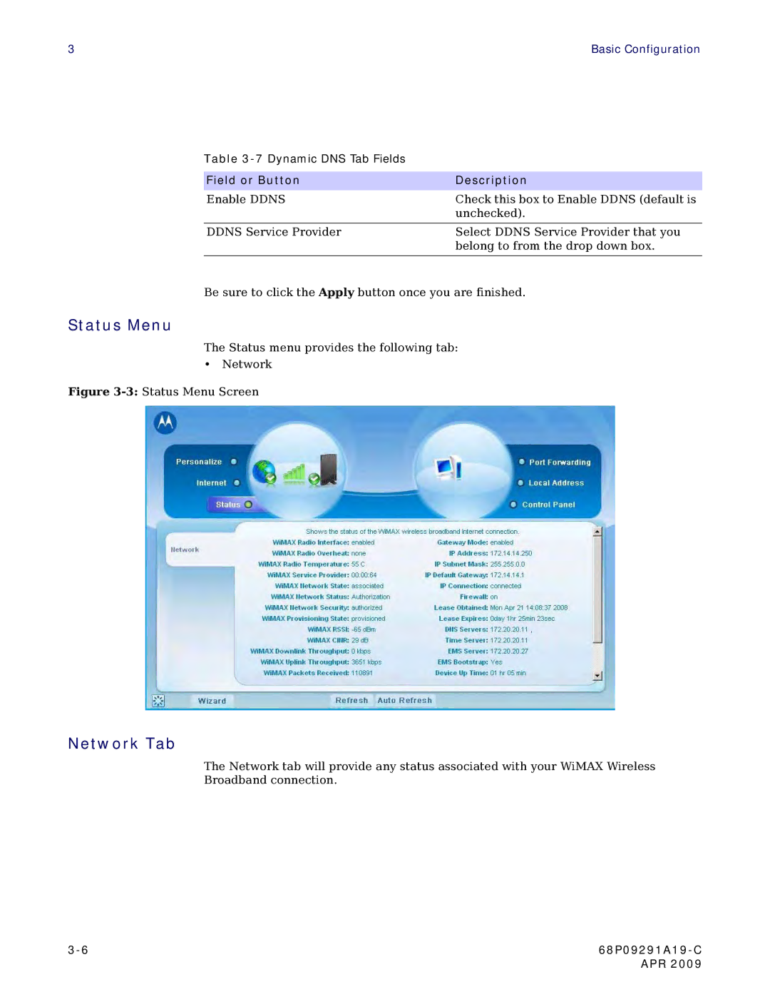 Motorola CPEI 150 user manual Status Menu, Network Tab 