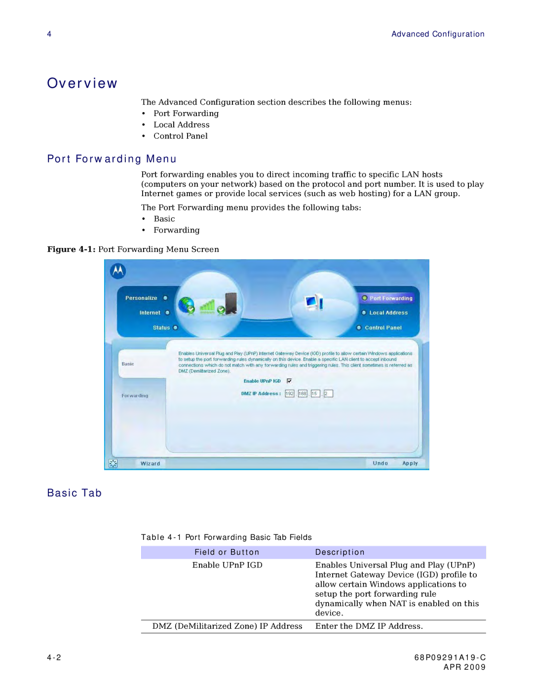 Motorola CPEI 150 user manual Port Forwarding Menu, Basic Tab 