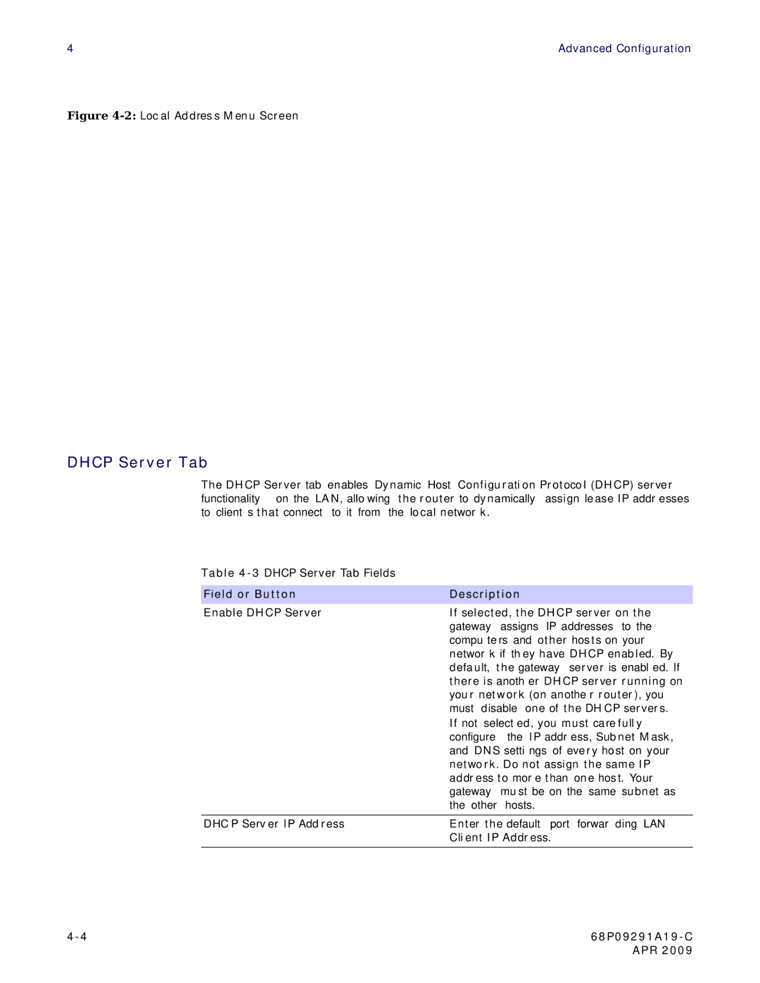 Motorola CPEI 150 user manual Dhcp Server Tab, 2Local Address Menu Screen 