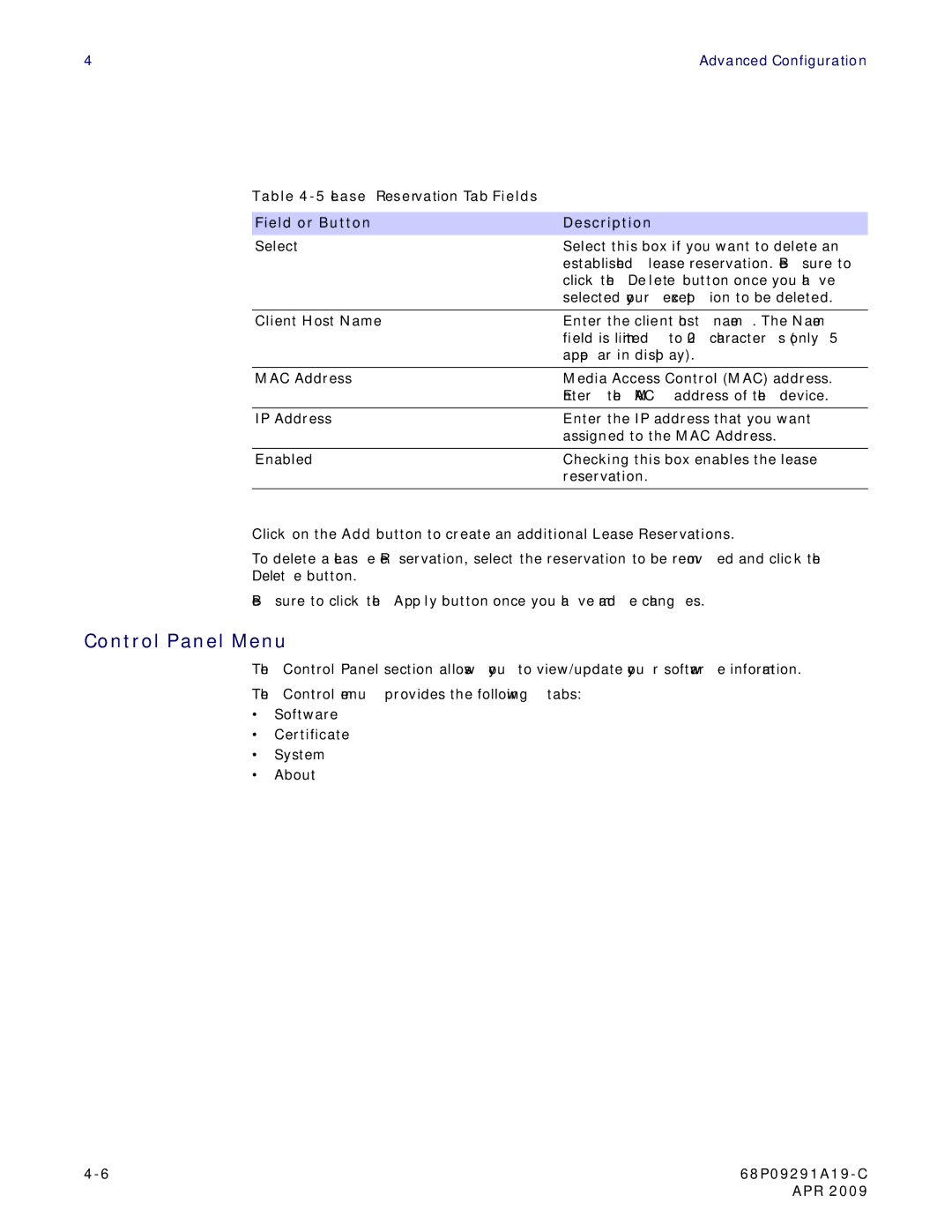 Motorola CPEI 150 user manual Control Panel Menu 