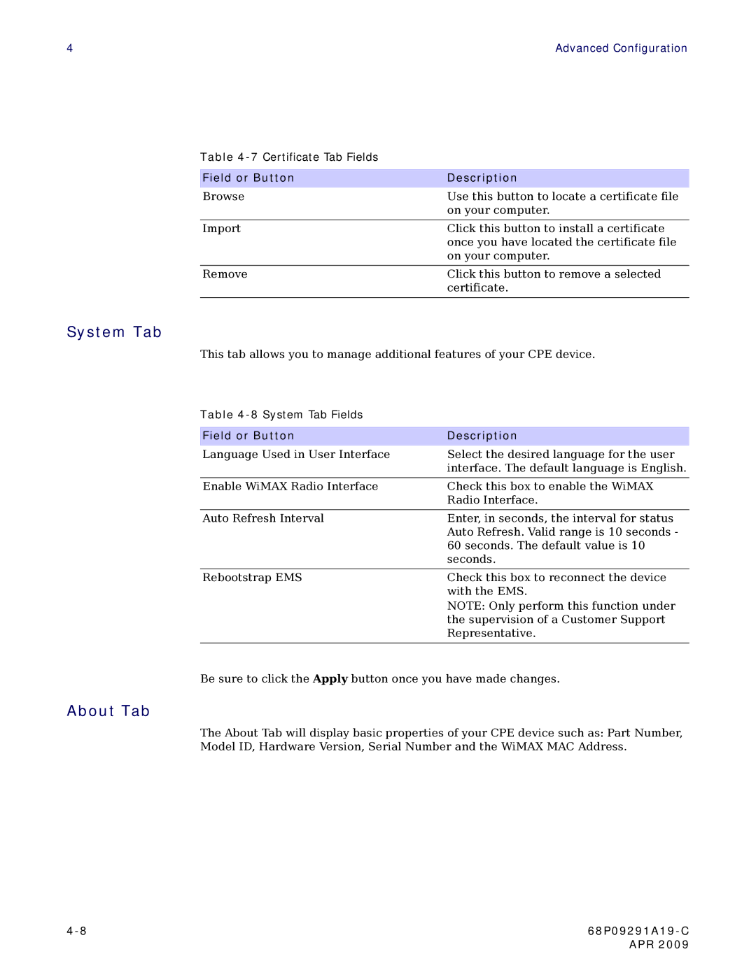 Motorola CPEI 150 user manual System Tab, About Tab 