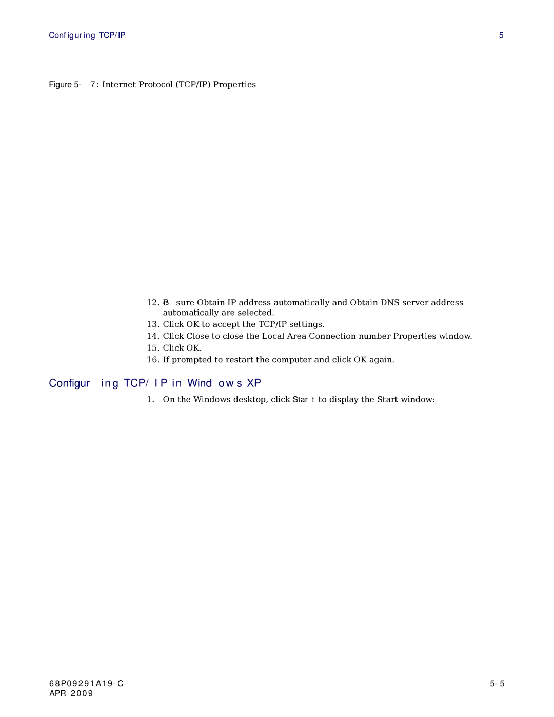 Motorola CPEI 150 user manual Configuring TCP/IP in Windows XP 