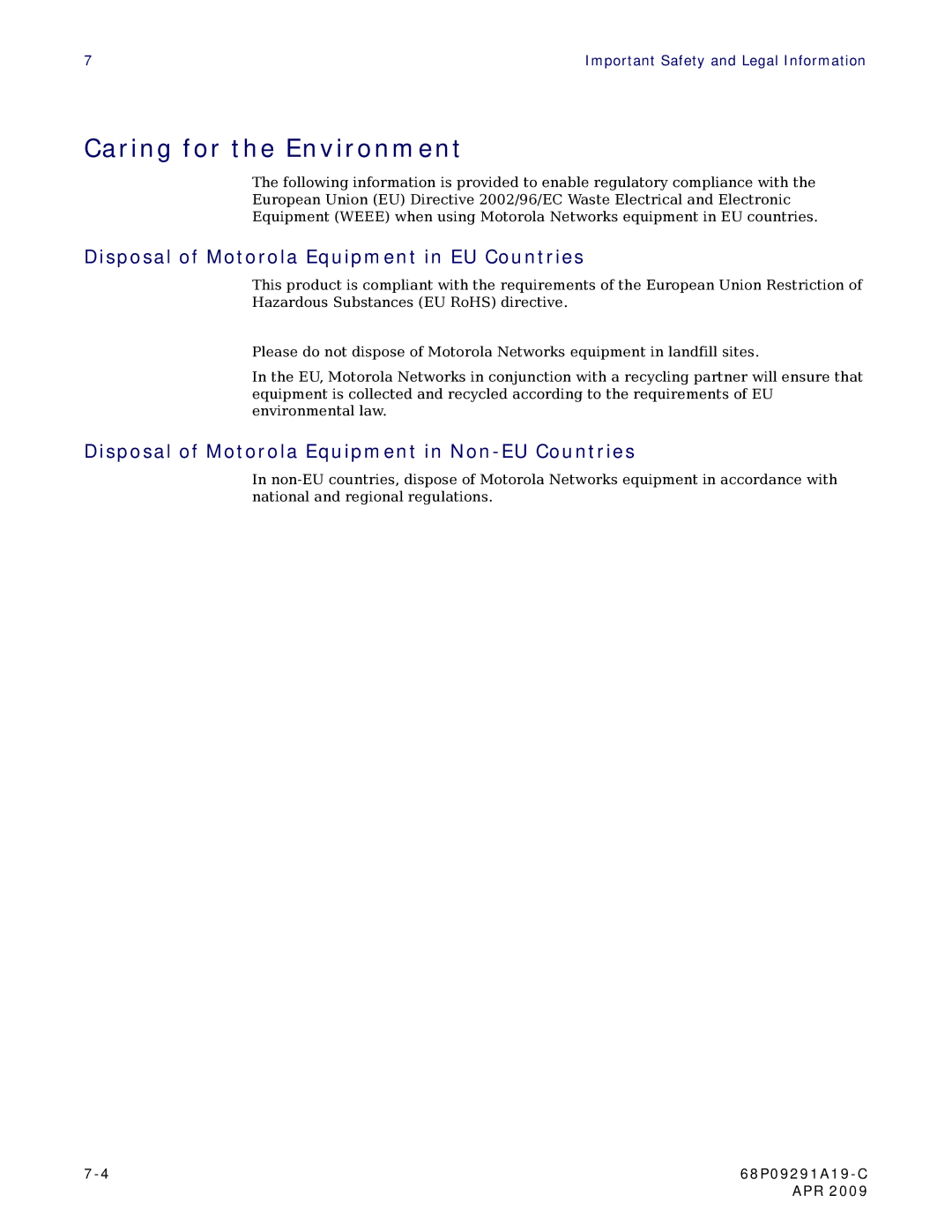 Motorola CPEI 150 Disposal of Motorola Equipment in EU Countries, Disposal of Motorola Equipment in Non-EU Countries 