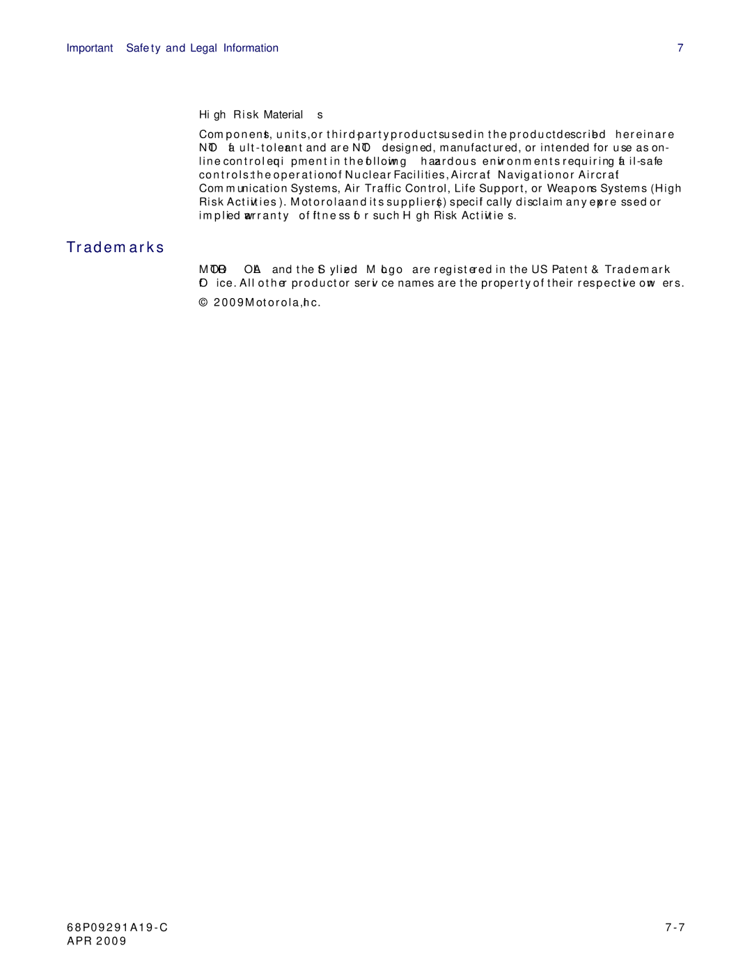 Motorola CPEI 150 user manual Trademarks, High Risk Materials 