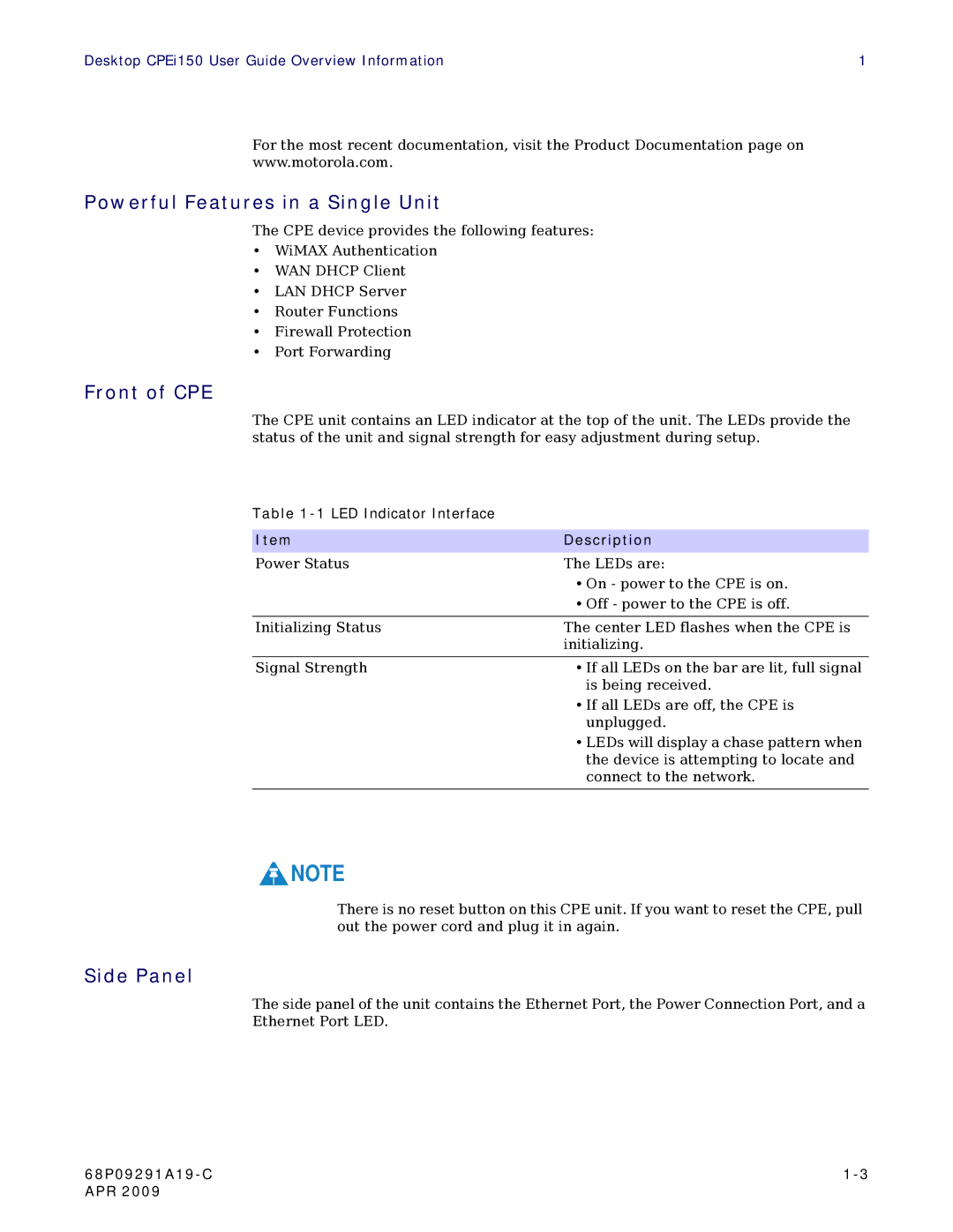 Motorola CPEI 150 user manual Powerful Features in a Single Unit, Front of CPE, Side Panel 