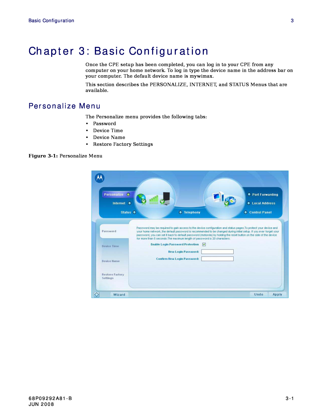 Motorola CPEI 750 manual Basic Configuration, Personalize Menu, 68P09292A81-B 