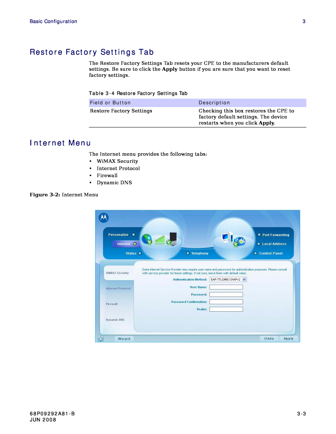 Motorola CPEI 750 manual Restore Factory Settings Tab, Internet Menu, Basic Configuration, Field or Button, Description 