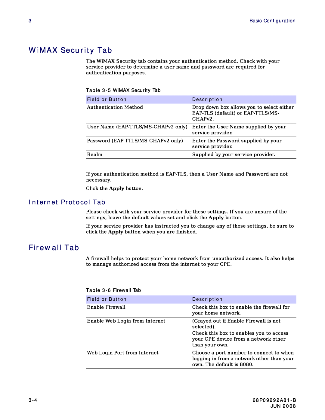 Motorola CPEI 750 WiMAX Security Tab, Firewall Tab, Internet Protocol Tab, Field or Button, Description, 68P09292A81-B 