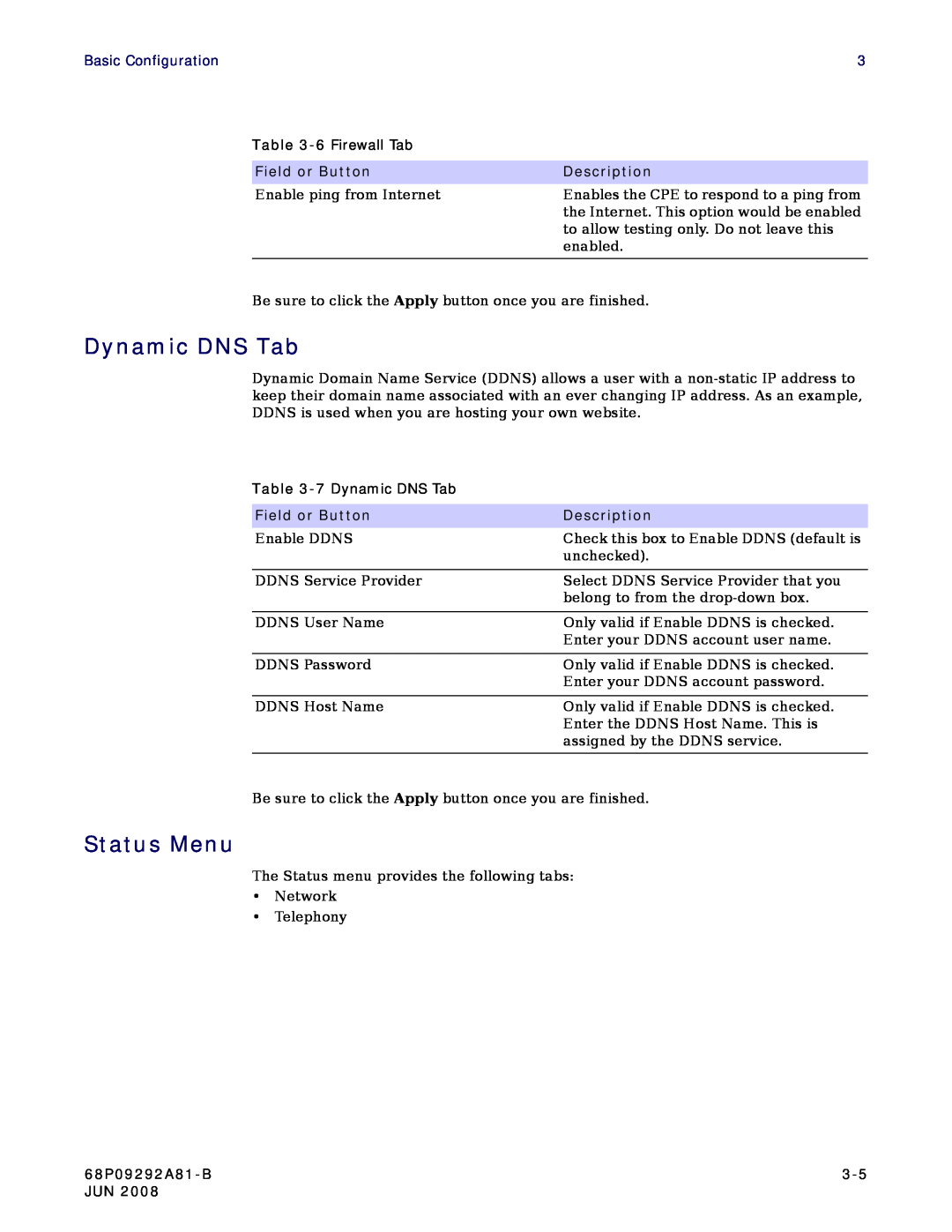 Motorola CPEI 750 manual Dynamic DNS Tab, Status Menu, Basic Configuration, Field or Button, Description, 68P09292A81-B 