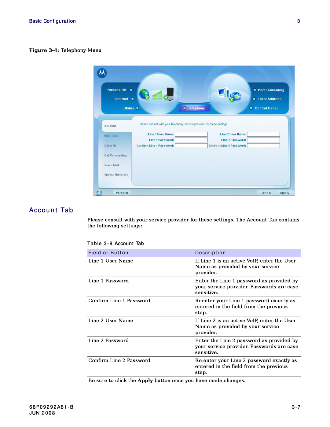 Motorola CPEI 750 manual Account Tab, Basic Configuration, Field or Button, Description, 68P09292A81-B 