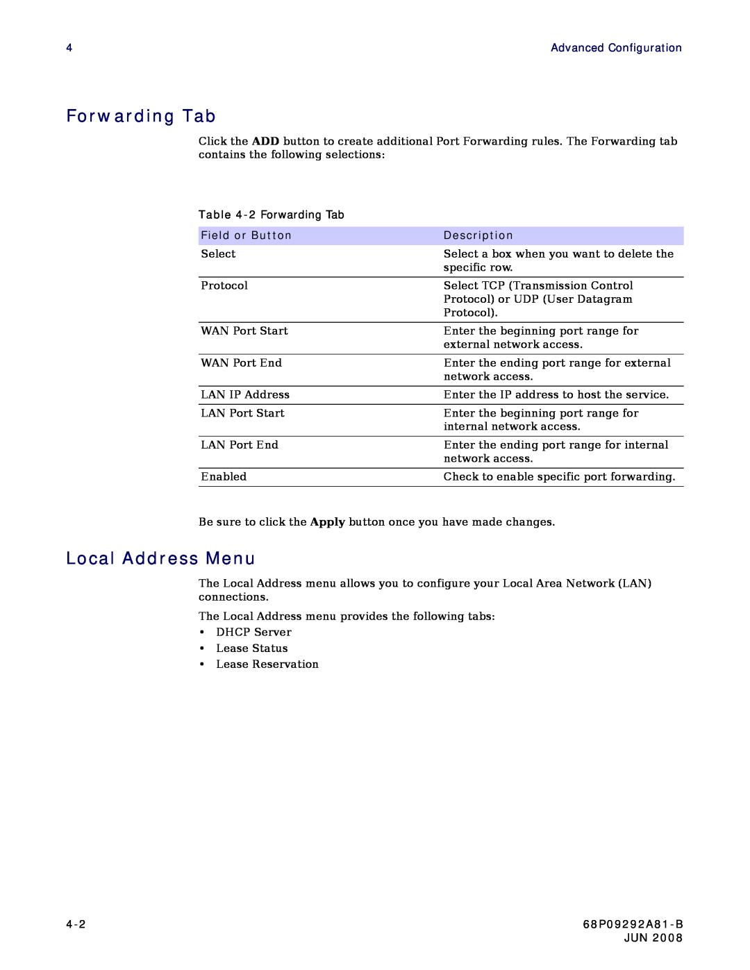 Motorola CPEI 750 manual Forwarding Tab, Local Address Menu, Field or Button, Description, 68P09292A81-B 