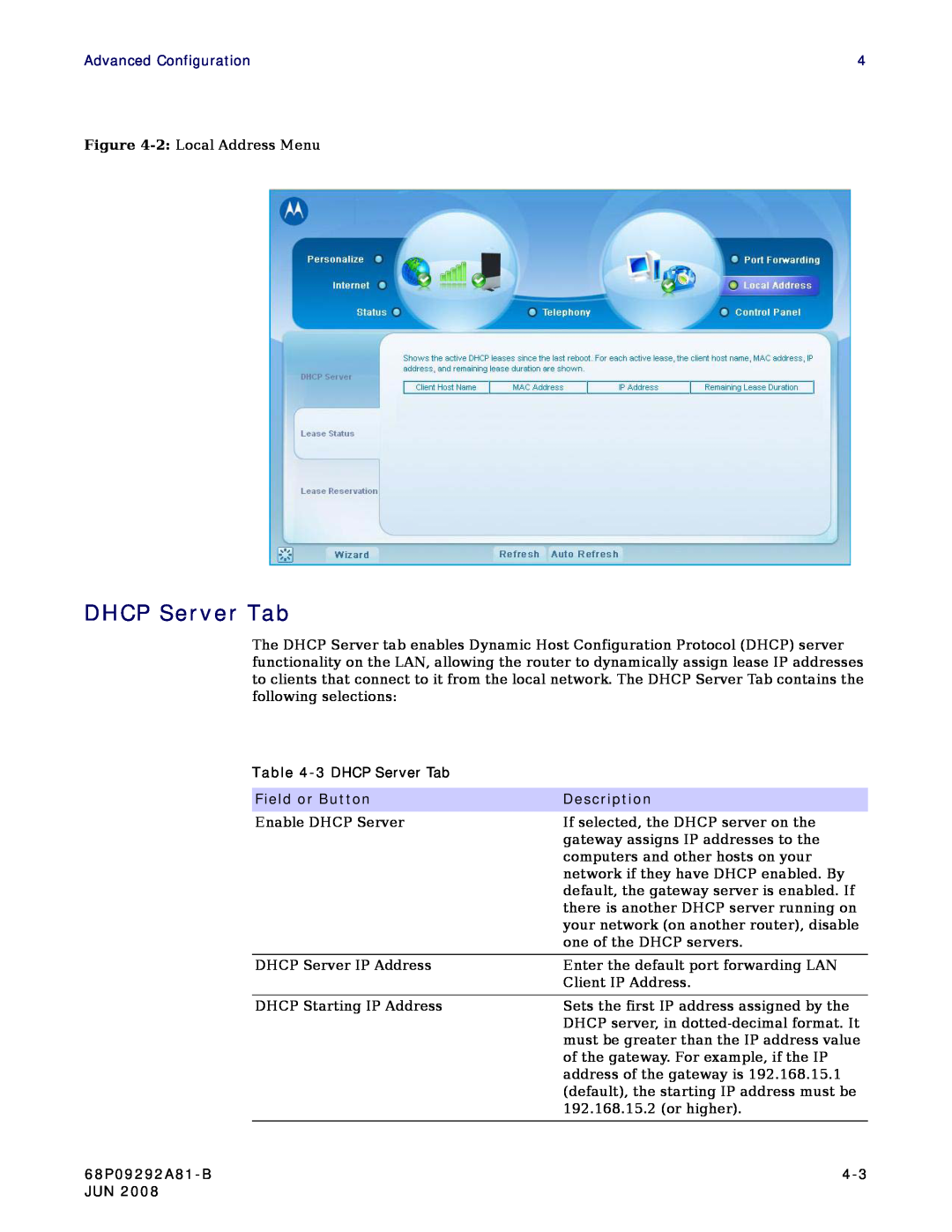 Motorola CPEI 750 manual DHCP Server Tab, Advanced Configuration, Field or Button, Description, 68P09292A81-B 