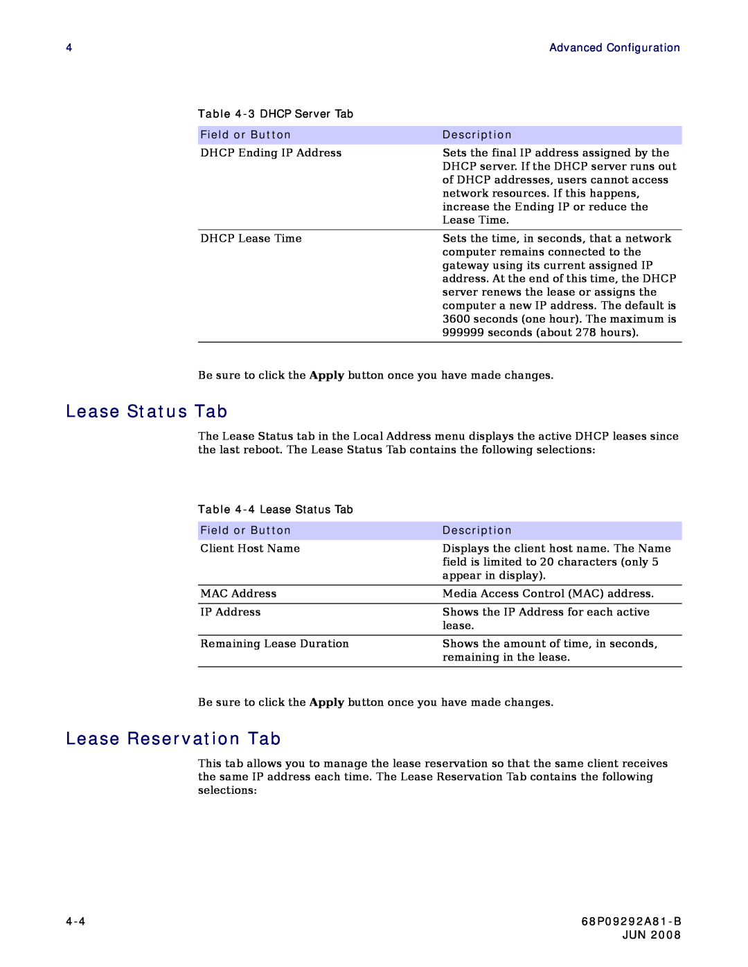 Motorola CPEI 750 manual Lease Status Tab, Lease Reservation Tab, Field or Button, Description, 68P09292A81-B 