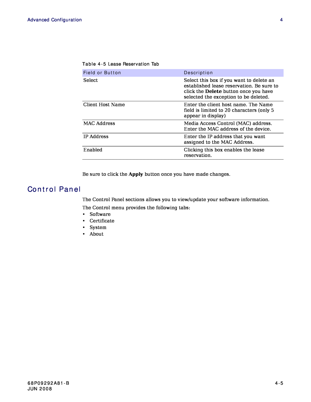 Motorola CPEI 750 manual Control Panel, Advanced Configuration, Field or Button, Description, 68P09292A81-B 