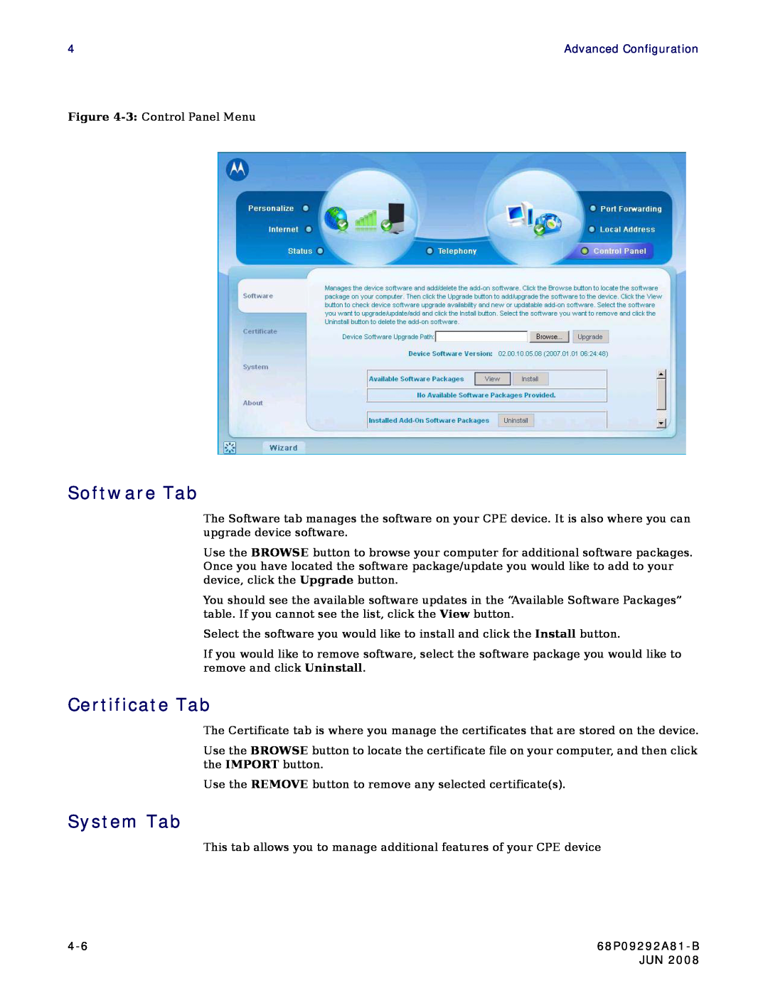 Motorola CPEI 750 manual Software Tab, Certificate Tab, System Tab, 68P09292A81-B 