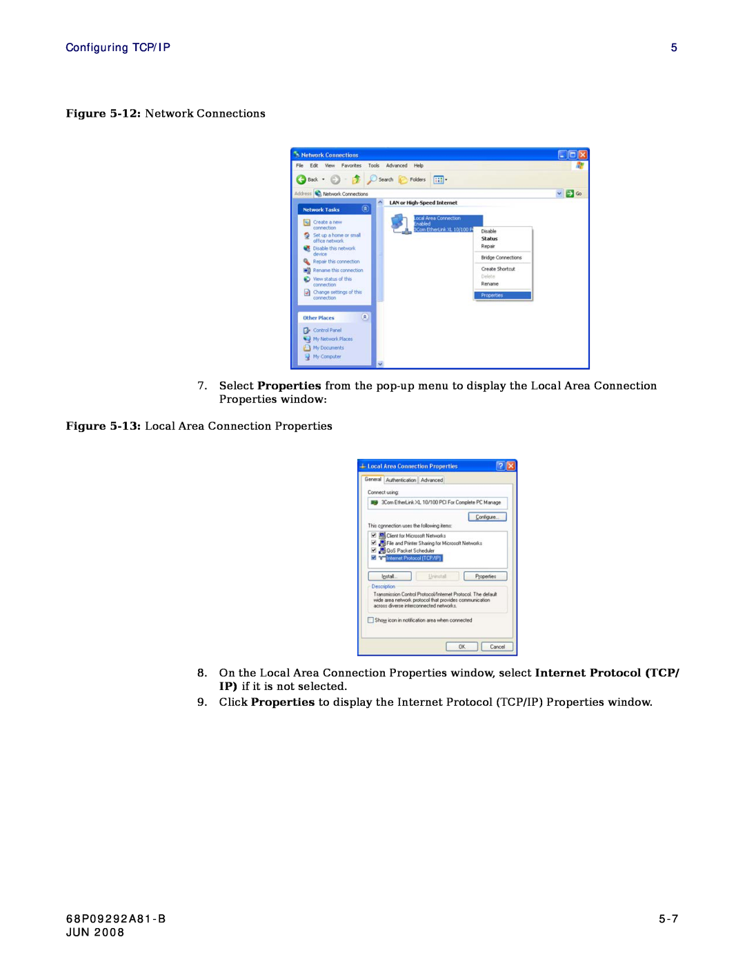 Motorola CPEI 750 manual Configuring TCP/IP, 12 Network Connections, 68P09292A81-B 