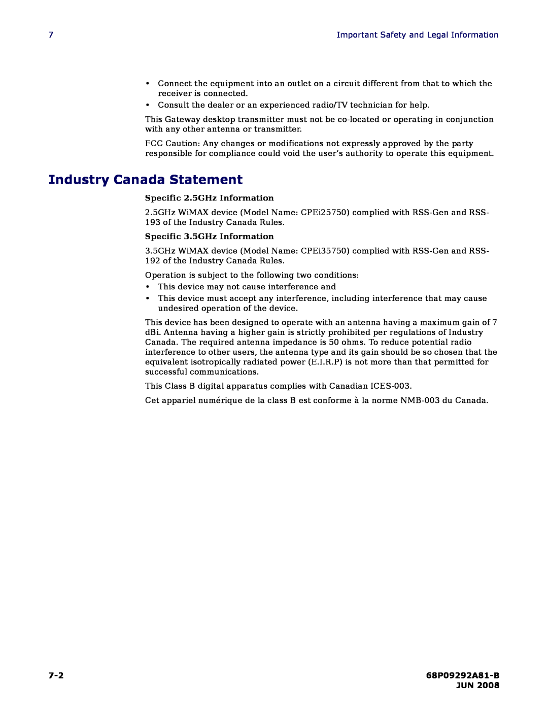 Motorola CPEI 750 manual Industry Canada Statement, Specific 2.5GHz Information, Specific 3.5GHz Information, 68P09292A81-B 