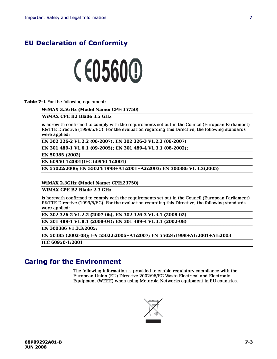 Motorola CPEI 750 manual EU Declaration of Conformity, Caring for the Environment, Important Safety and Legal Information 