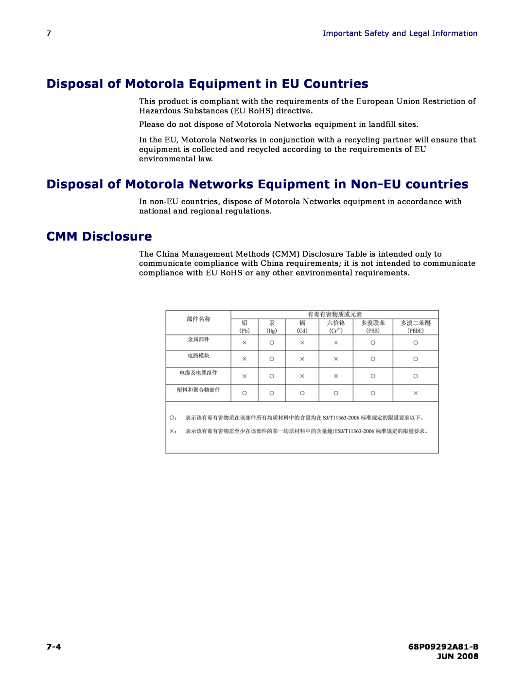 Motorola CPEI 750 manual Disposal of Motorola Equipment in EU Countries, CMM Disclosure, 68P09292A81-B 
