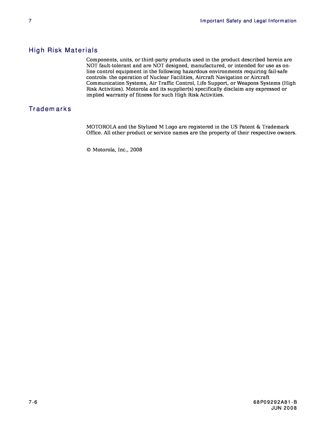 Motorola CPEI 750 manual High Risk Materials, Trademarks, 68P09292A81-B 