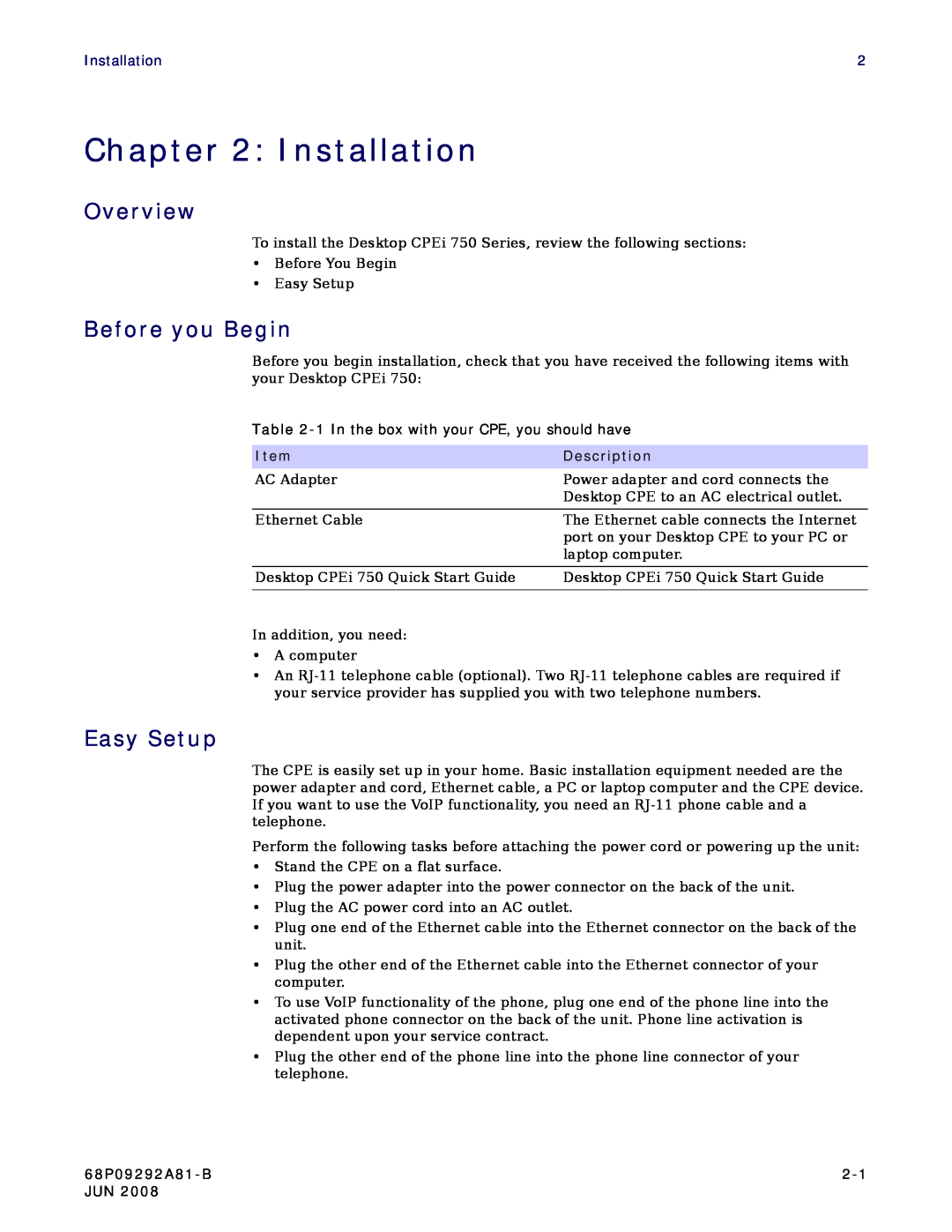 Motorola CPEI 750 manual Installation, Before you Begin, Easy Setup, Description, Overview, 68P09292A81-B 