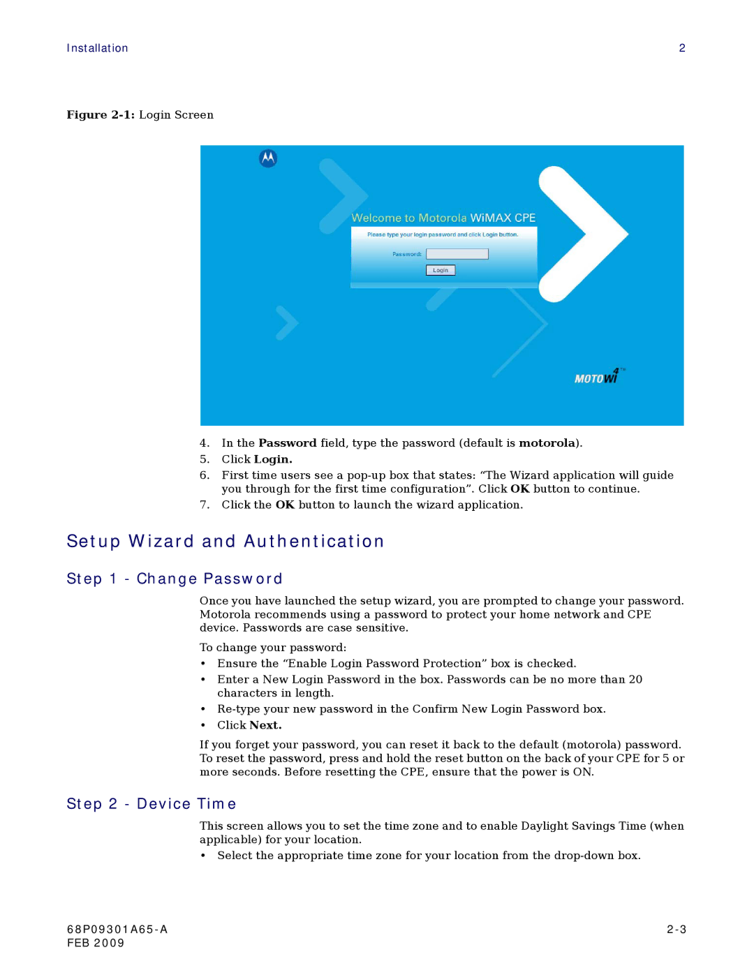 Motorola CPEI 775 user manual Setup Wizard and Authentication, Change Password, Device Time 