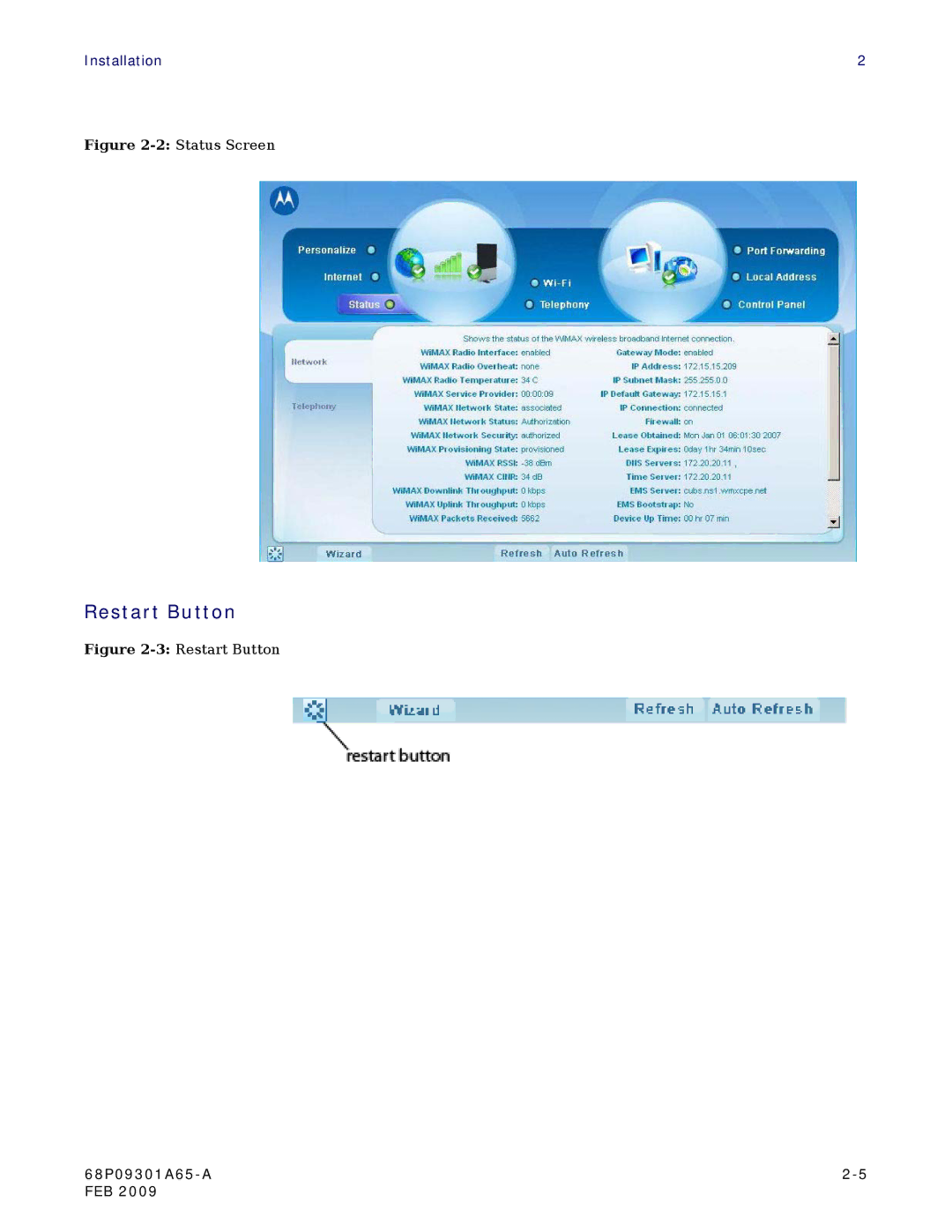 Motorola CPEI 775 user manual Restart Button, 2Status Screen 