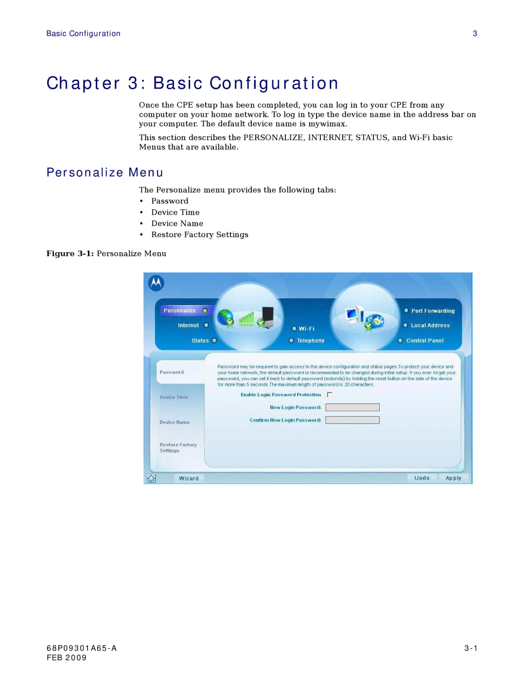 Motorola CPEI 775 user manual Basic Configuration, Personalize Menu 