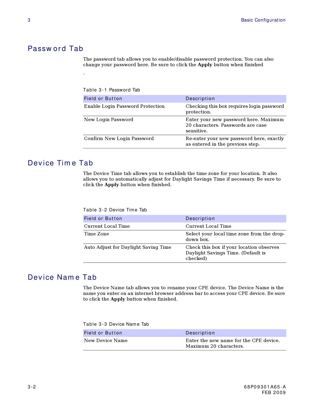 Motorola CPEI 775 user manual Password Tab, Device Time Tab, Device Name Tab 