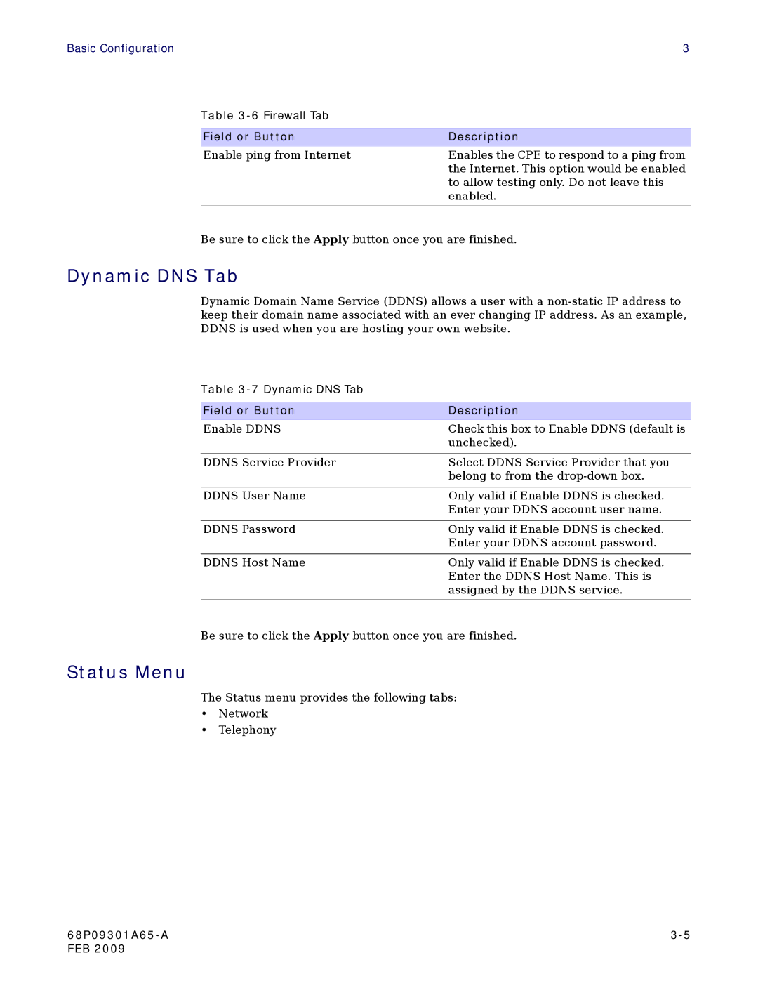 Motorola CPEI 775 user manual Dynamic DNS Tab, Status Menu 