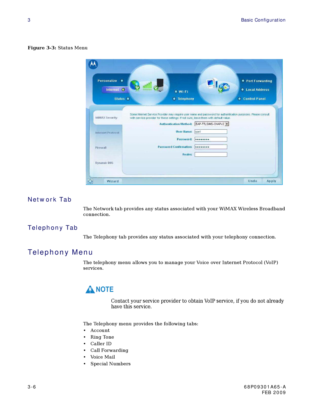 Motorola CPEI 775 user manual Telephony Menu, Network Tab, Telephony Tab 