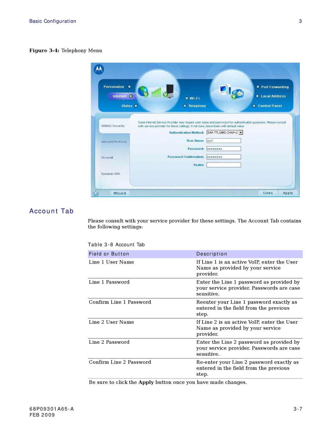 Motorola CPEI 775 user manual Account Tab, 4Telephony Menu 