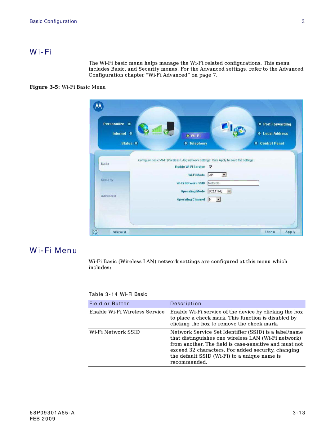 Motorola CPEI 775 user manual Wi-Fi Menu 