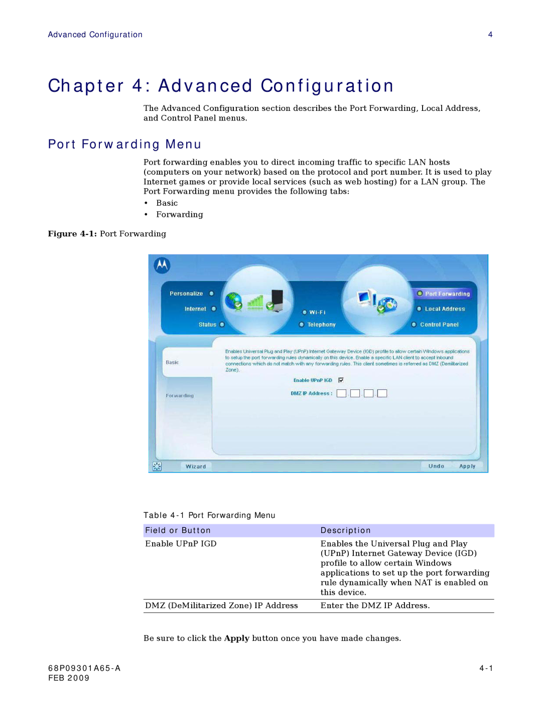 Motorola CPEI 775 user manual Advanced Configuration, Port Forwarding Menu 