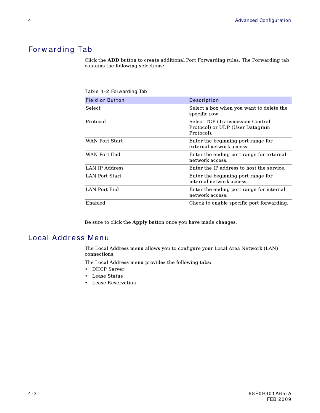 Motorola CPEI 775 user manual Forwarding Tab, Local Address Menu 