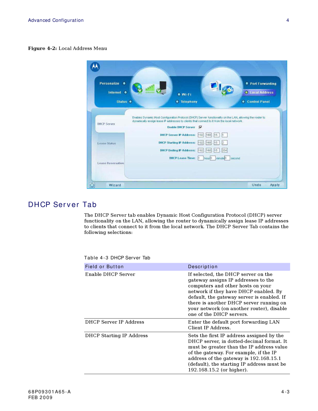 Motorola CPEI 775 user manual Dhcp Server Tab, 2Local Address Menu 