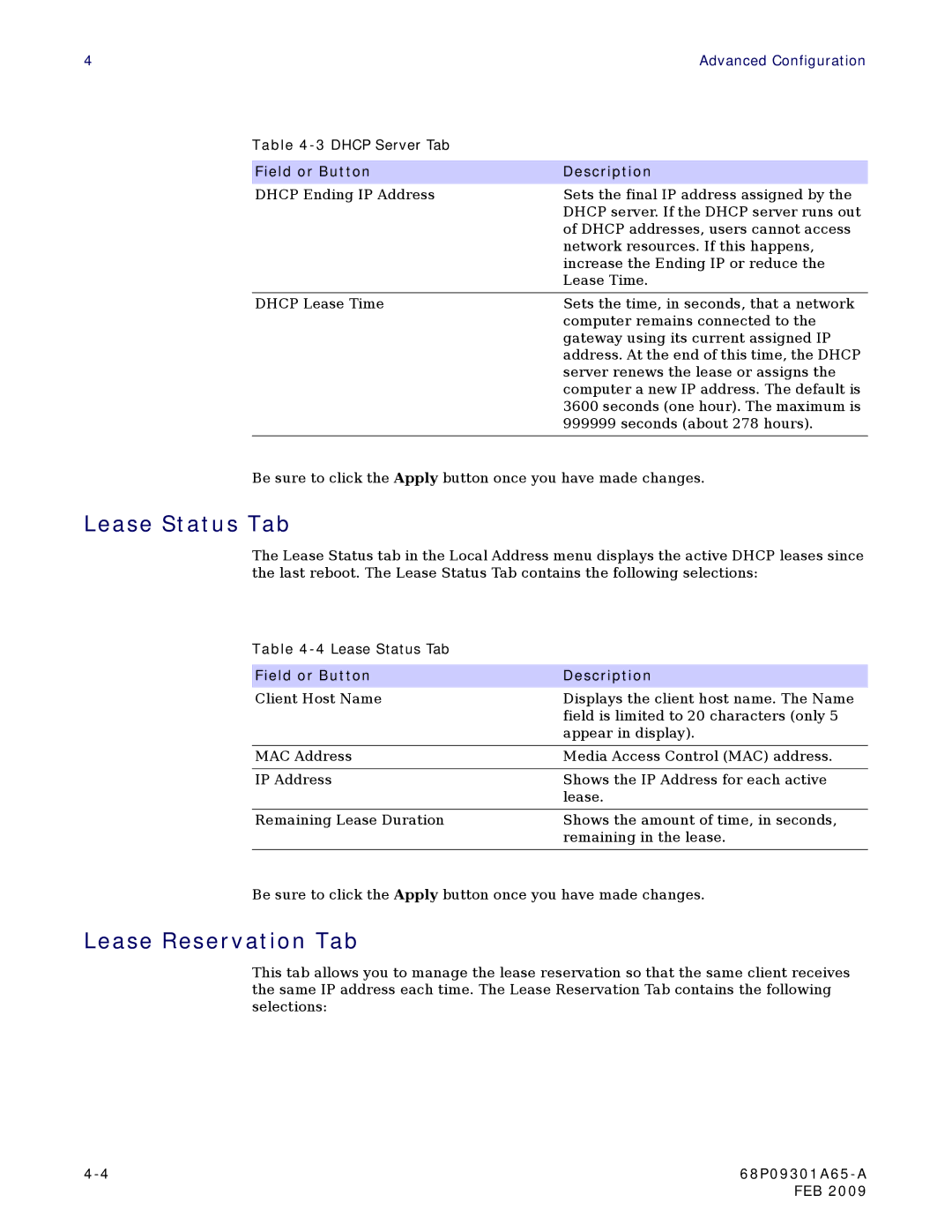 Motorola CPEI 775 user manual Lease Status Tab, Lease Reservation Tab 