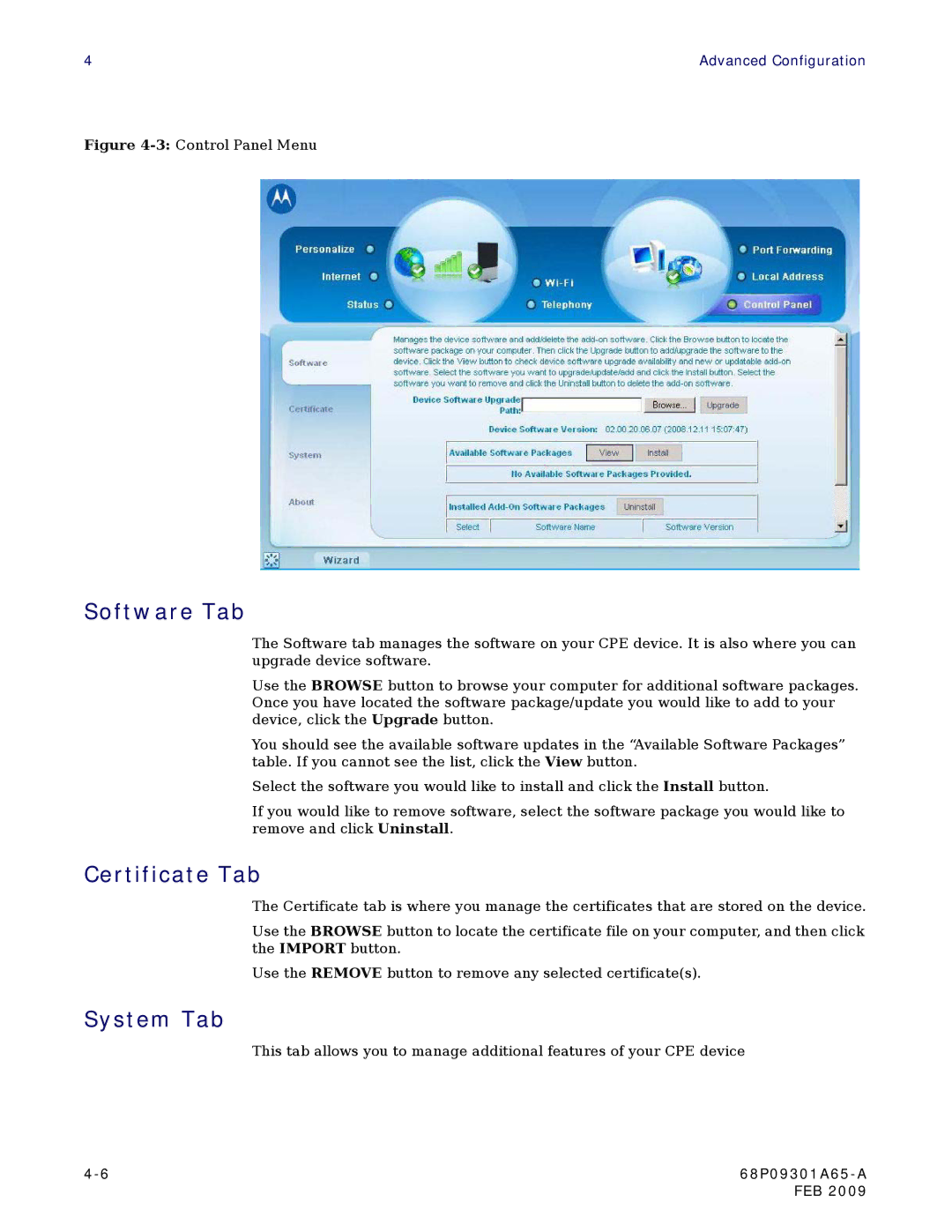 Motorola CPEI 775 user manual Software Tab, Certificate Tab, System Tab 