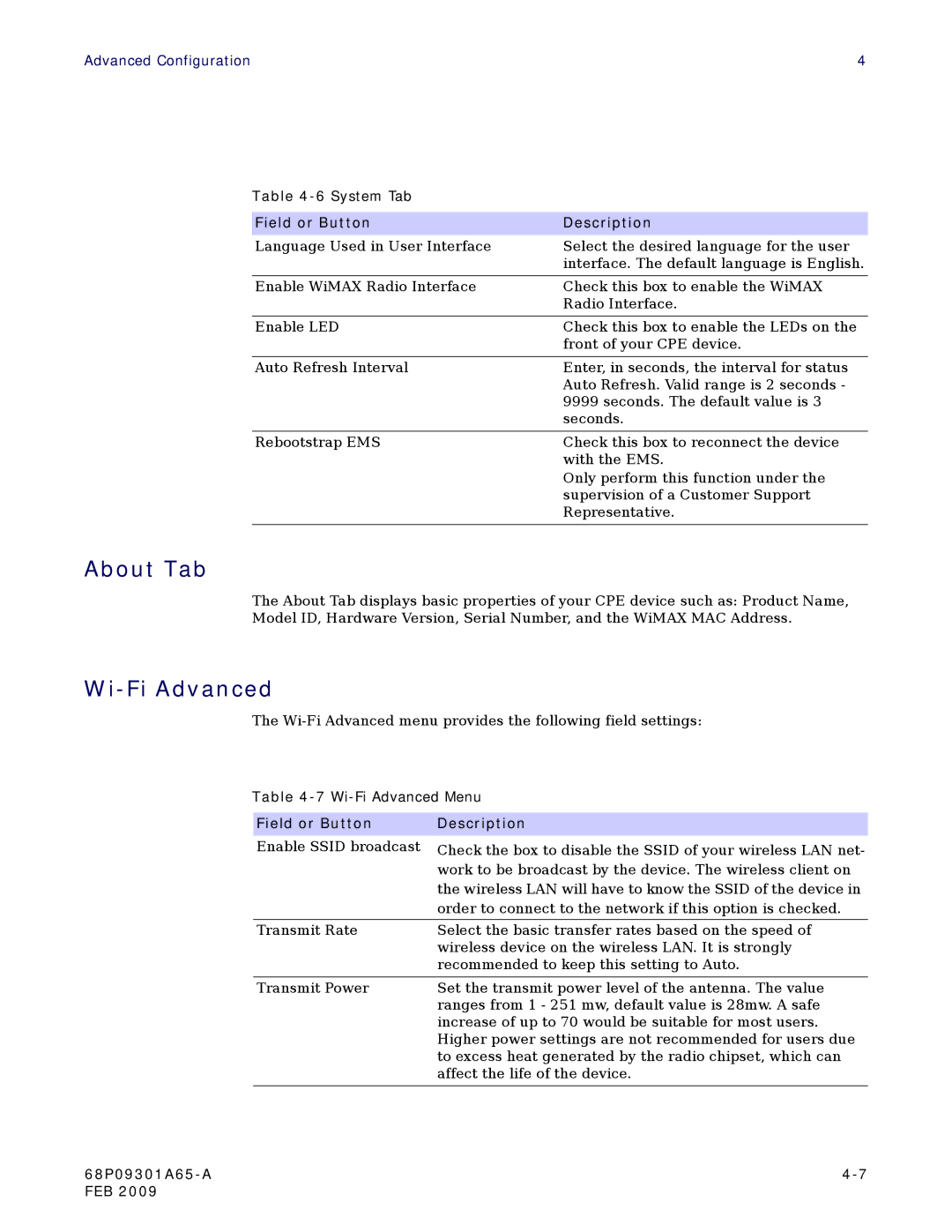 Motorola CPEI 775 user manual About Tab, Wi-Fi Advanced 