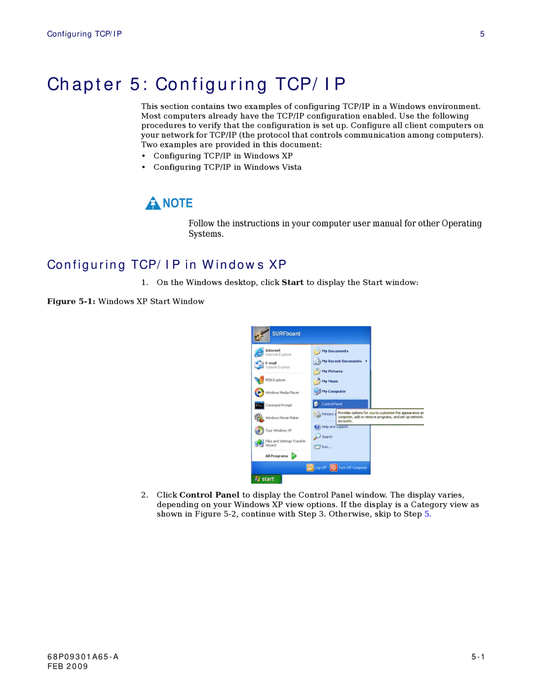 Motorola CPEI 775 user manual Configuring TCP/IP in Windows XP 