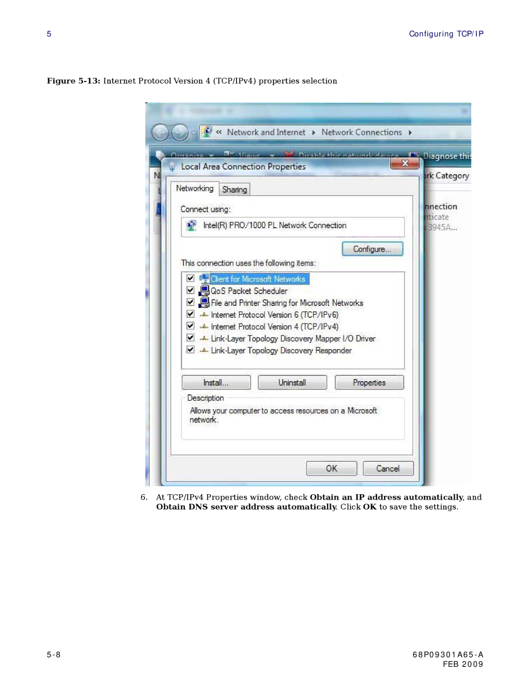 Motorola CPEI 775 user manual 13Internet Protocol Version 4 TCP/IPv4 properties selection 