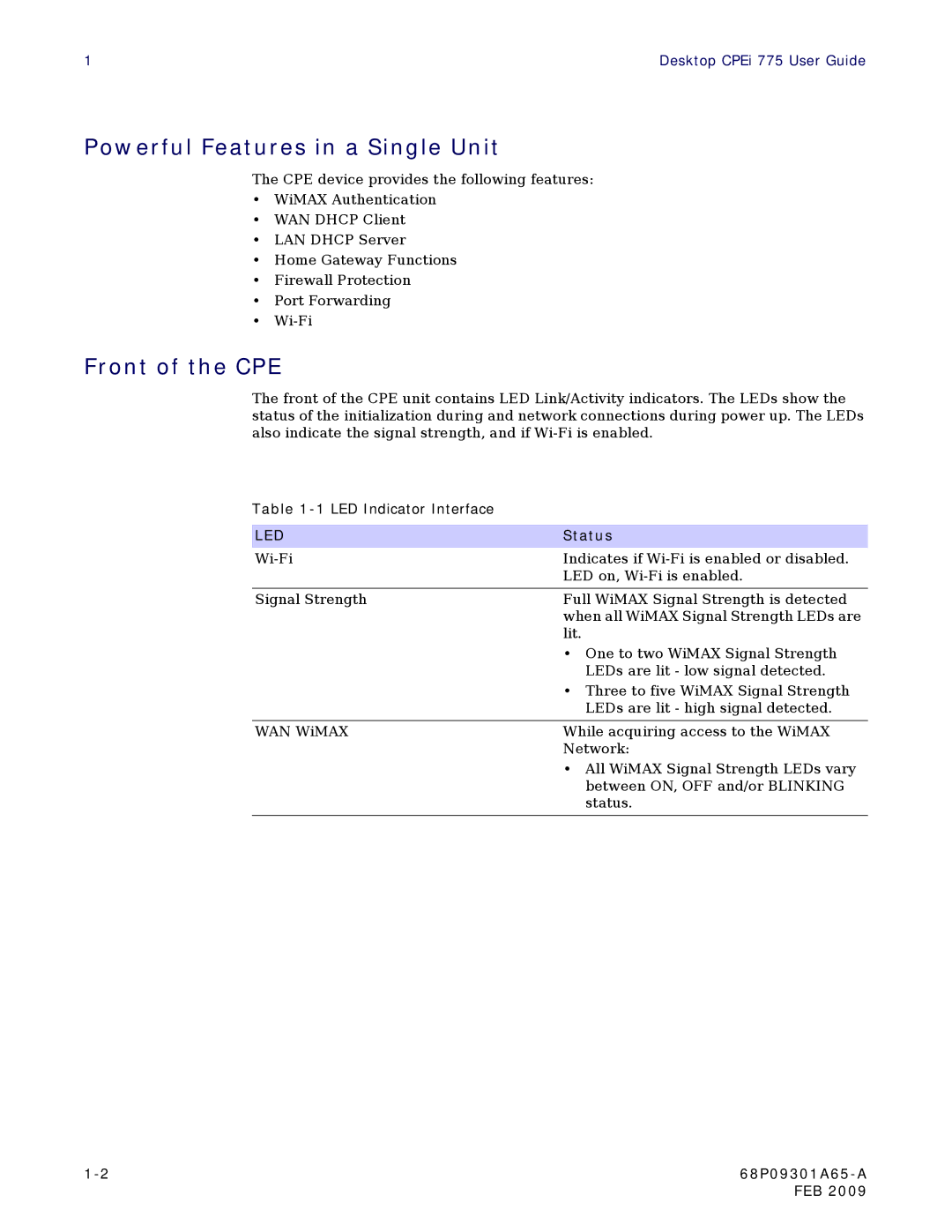 Motorola CPEI 775 user manual Powerful Features in a Single Unit, Front of the CPE 